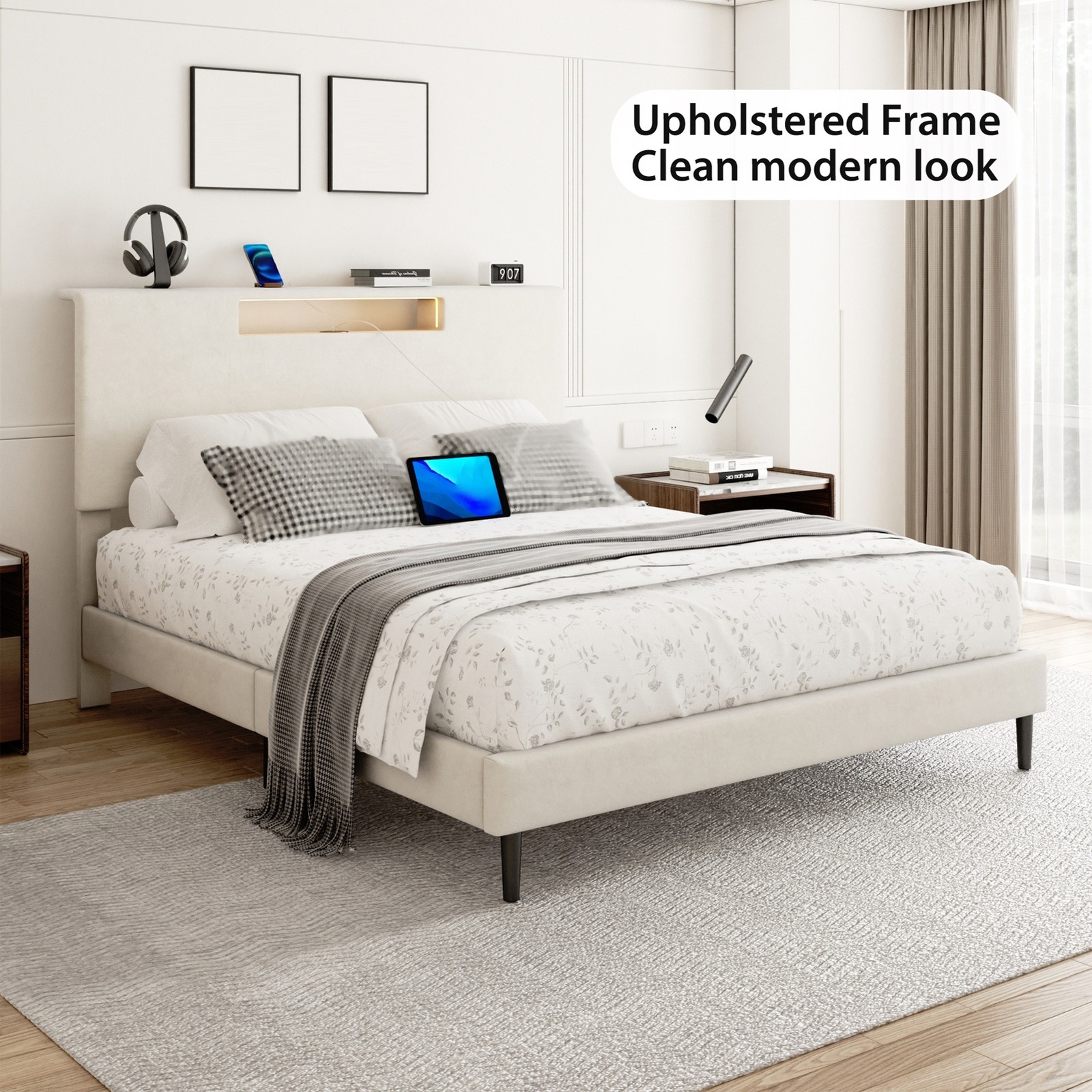 Full Size LED Upholstered Bed Frame Easy 40Minutes Assembly Complete HardwareKit