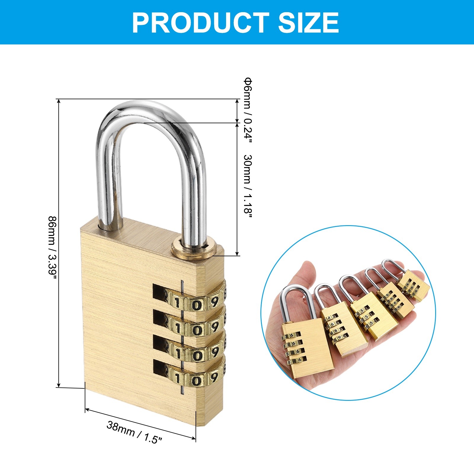 Brass Combination Lock 3.39", 4 Digit Resettable Combination Padlock Yellow