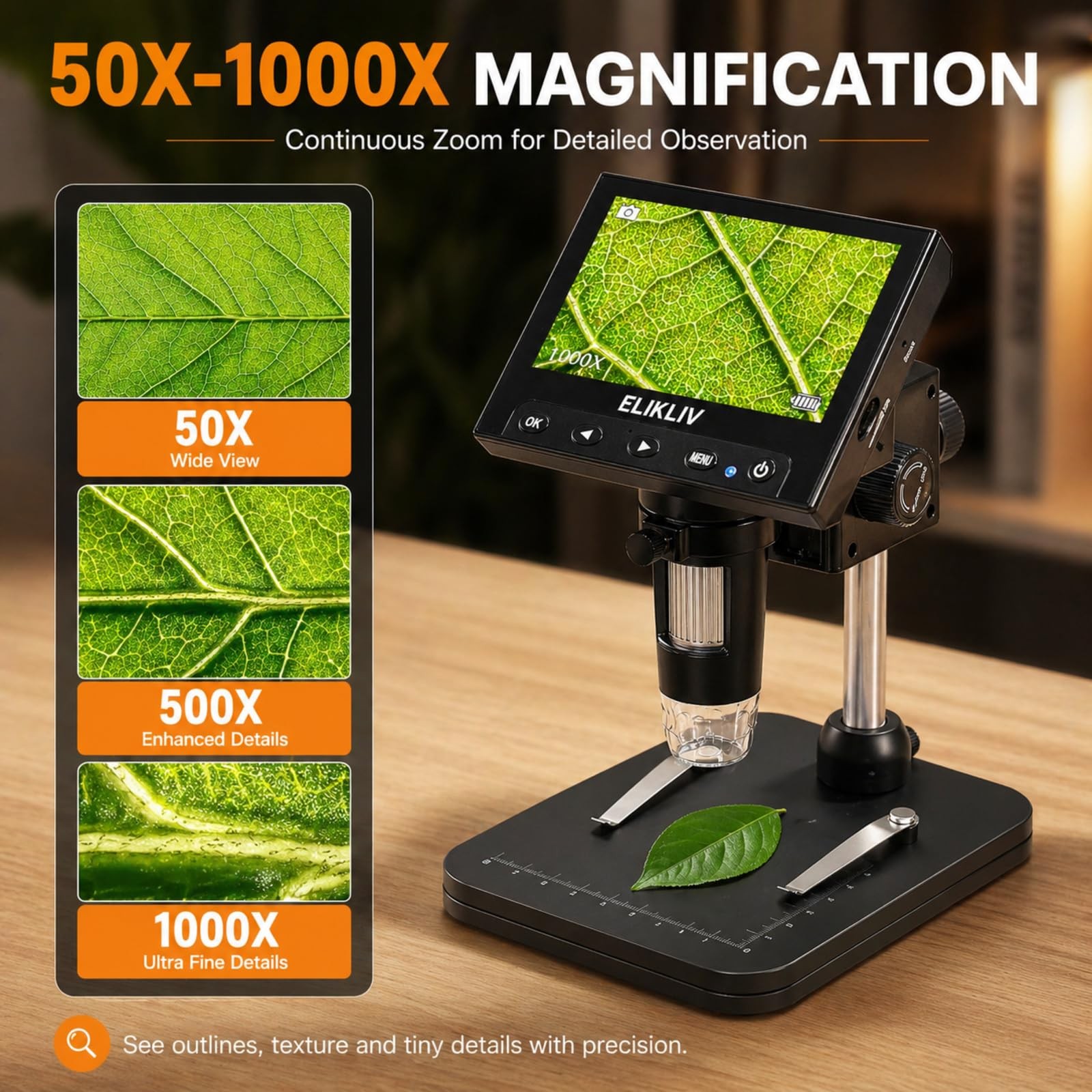 Elikliv Coin Microscope, 4.3'' LCD Digital Microscope 1000x, Black