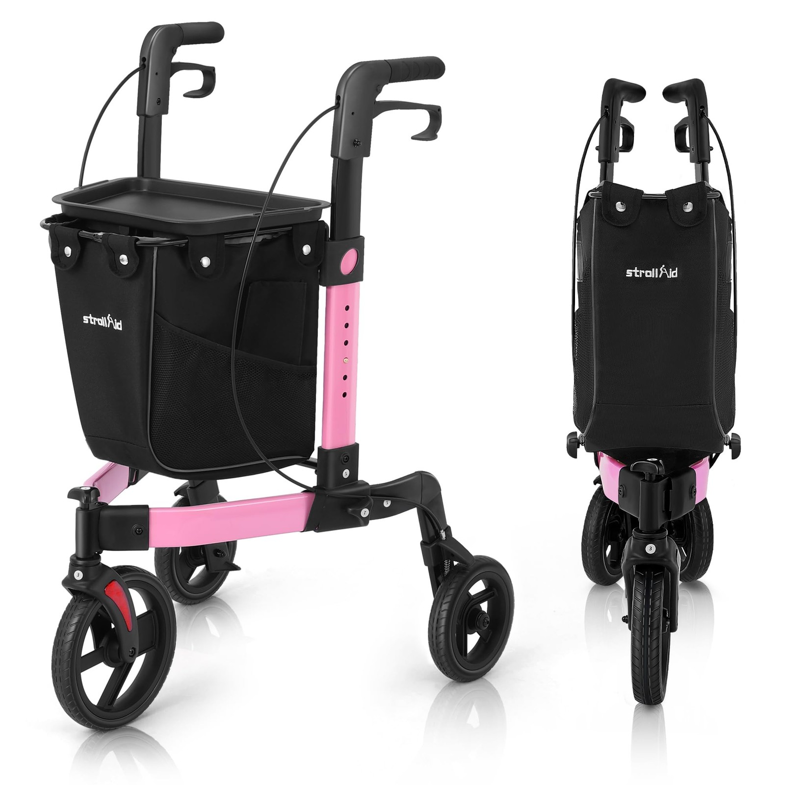 StrollAid 3 Wheel Walkers for Seniors, Foldable Rollator Walker with Pink