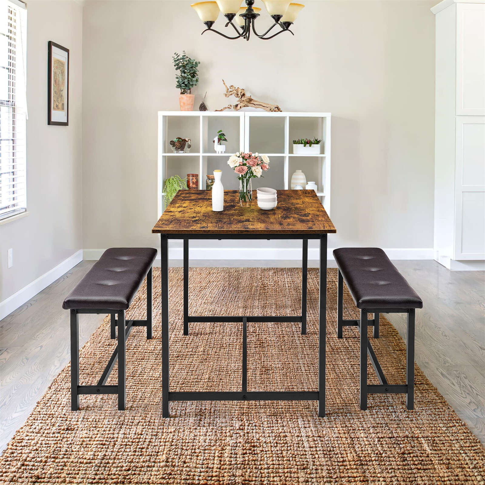 Dining Table Set for 4 Kitchen Table with 2 Upholstered Benches Rectangular