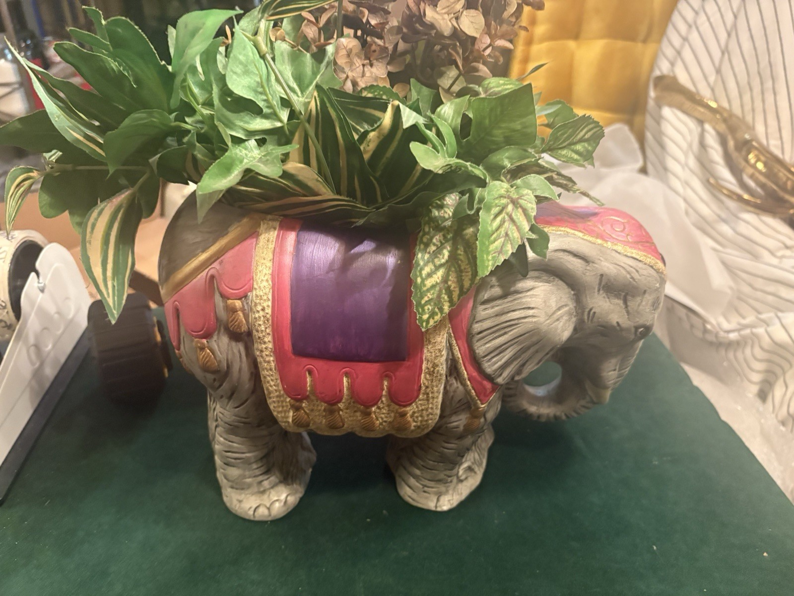 Vintage 1991 Large Elephant Planter Statue Faux Plants Hollywood Regency