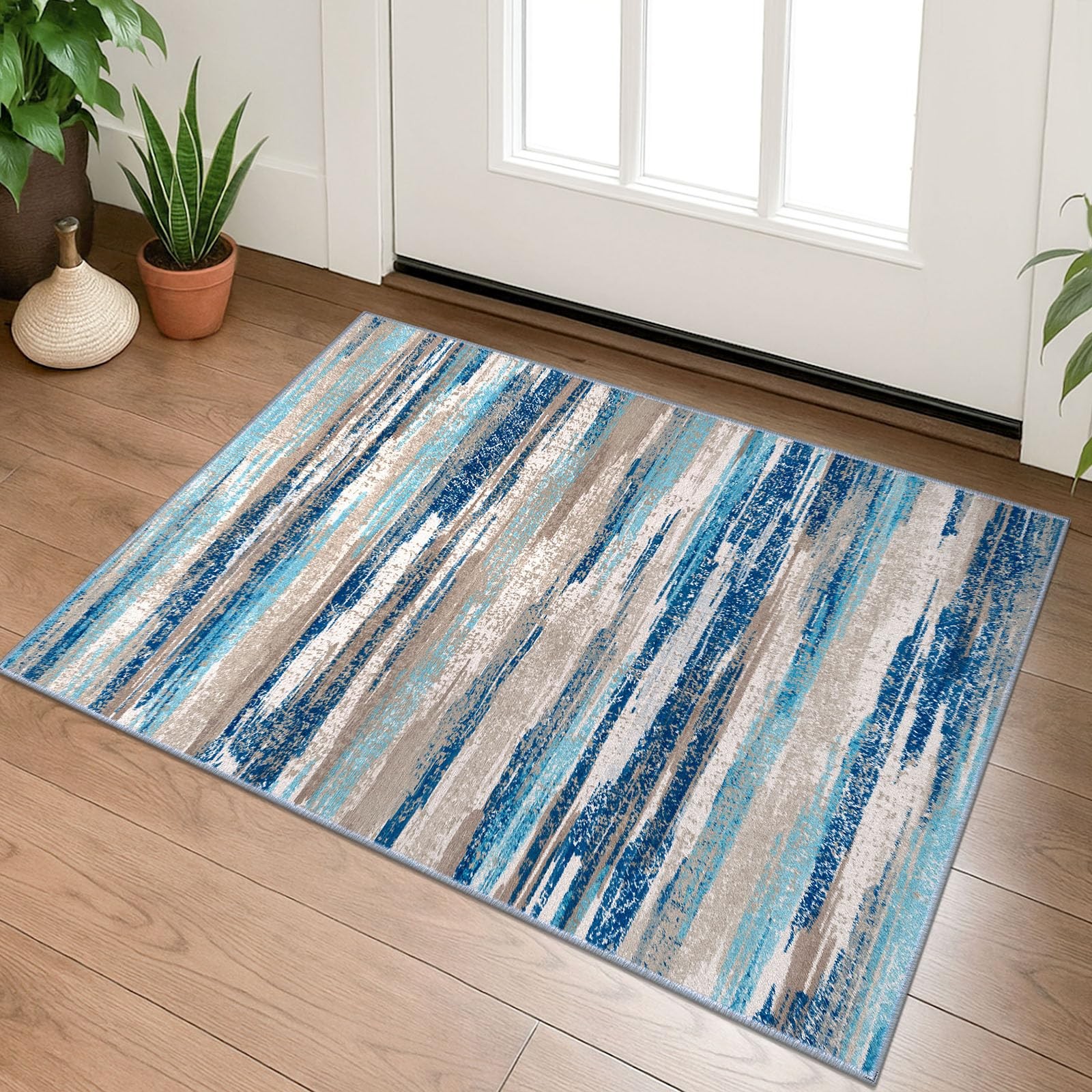 Lansny Small Abstract Area 2' x 3' (Rectangular), Blue Aqua/Beige Taupe Multi