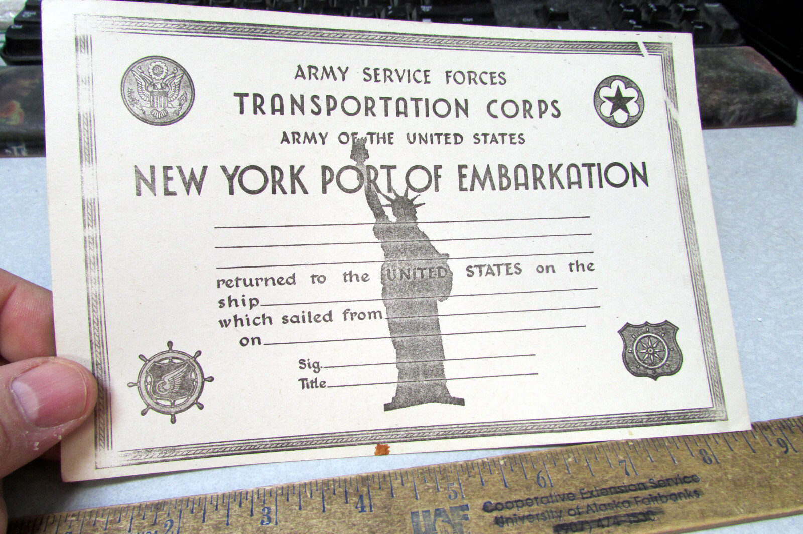 WWII US Army Transportation Corps New York Port of Embarkation certificate, nice