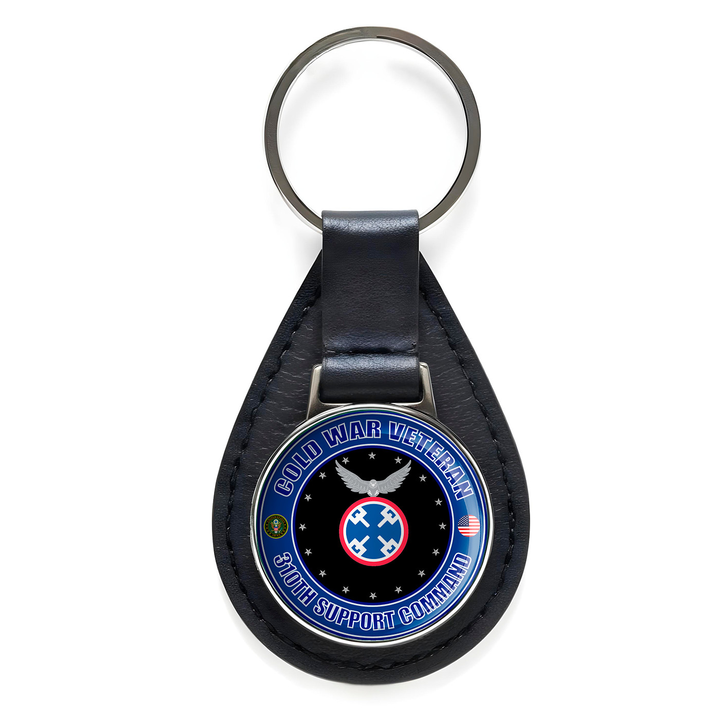 Cold War Veteran 310th Support Command Black Leather Keychain Silver Keyring