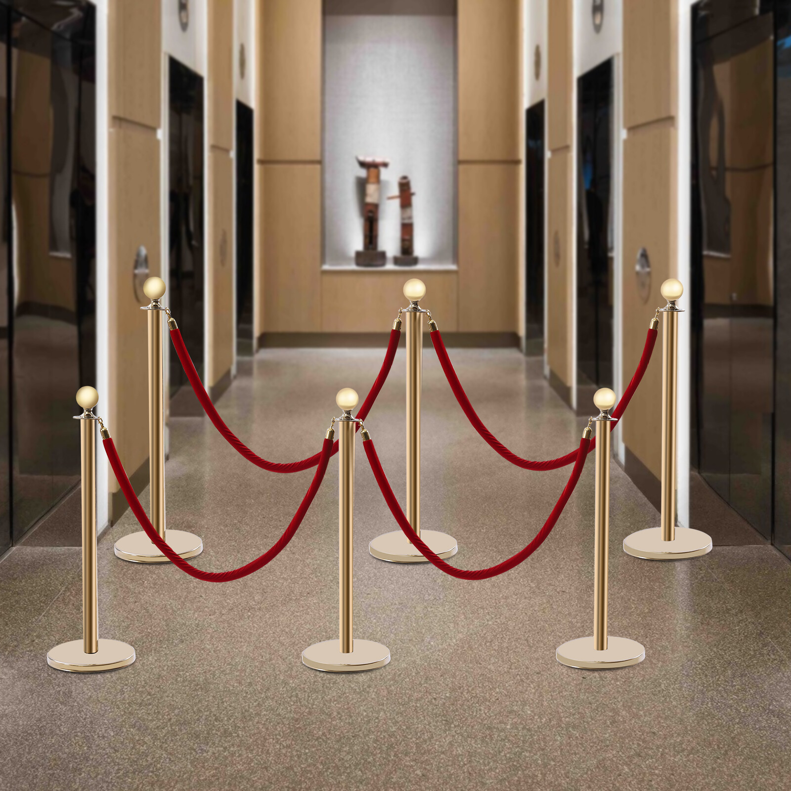 6 Pcs Red Velvet Rope +Gold Stanchion Post Set Crowd Control Queue Pole Barrier