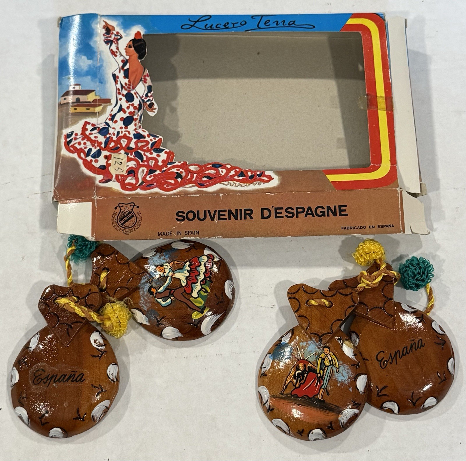 Lucero Tena Brown Carved Wooden Castanets w/Box Flamenco Spain Vintage