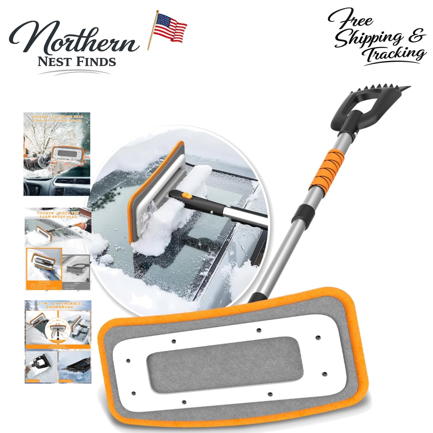 39.8" Extendable Snow Brush & Ice Scraper with 180° Pivoting Head, Orange