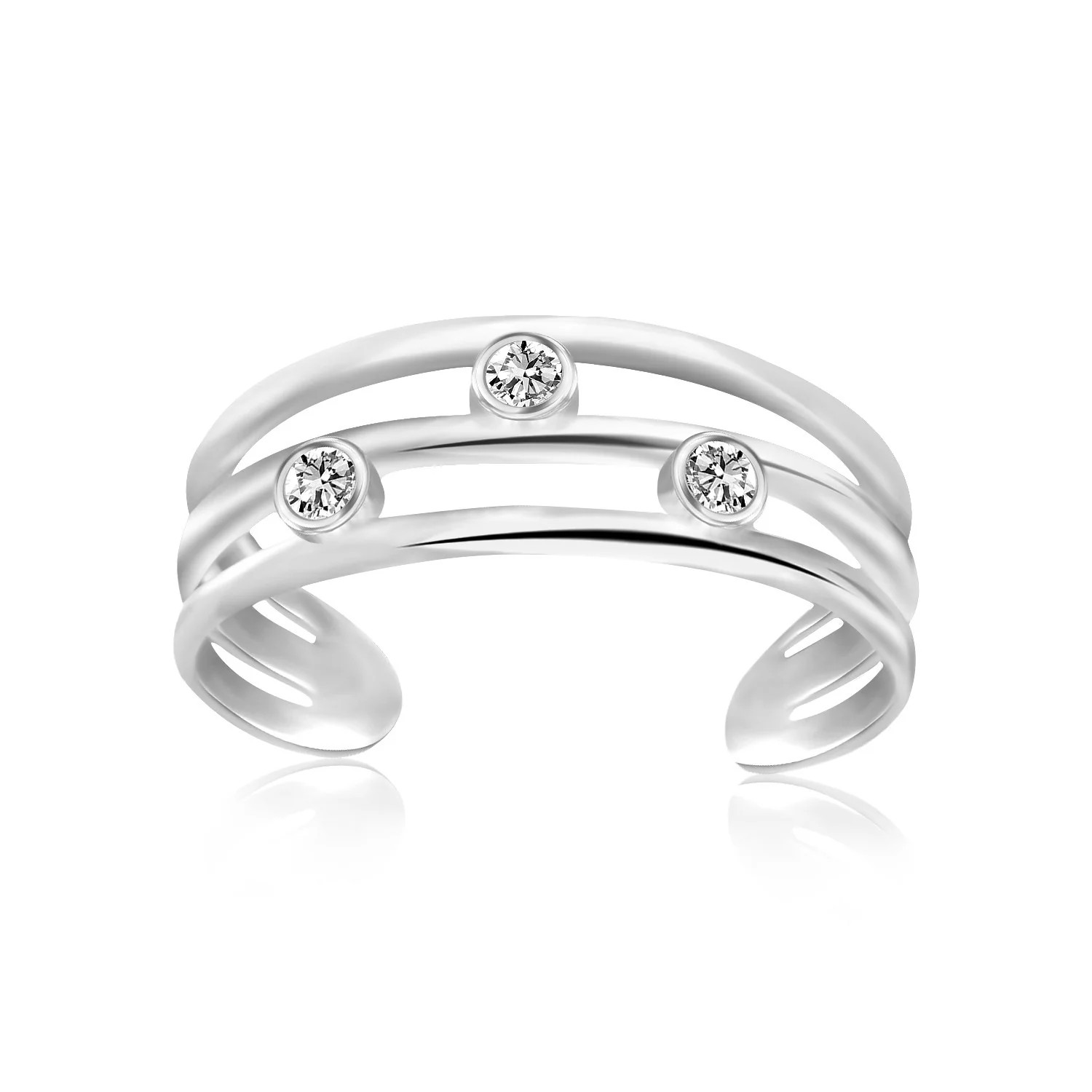 Sterling Silver Rhodium Plated Triple Line Open Motif CZ Toe Ring