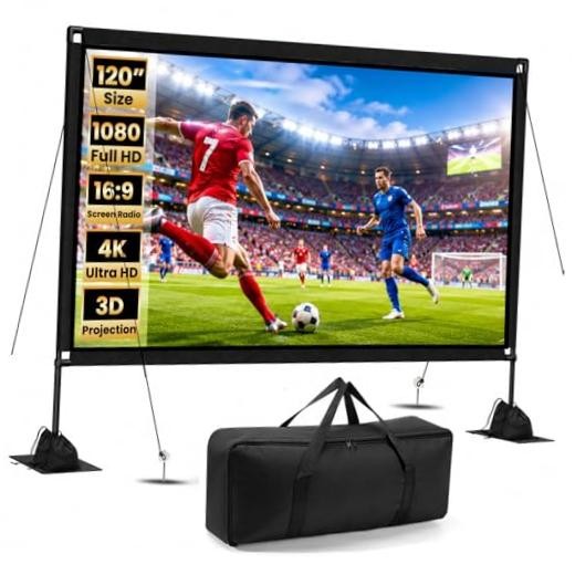 120 inch Projector Screen with Stand, 16:9 4K HD Portable Outdoor Indoor Movie