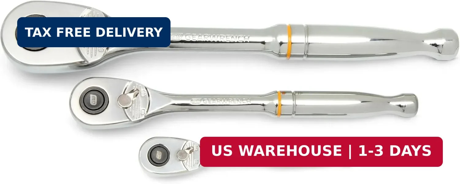 3 Piece 1/4", 3/8" and 1/2" Drive 90-Tooth Quick Release Teardrop Rat