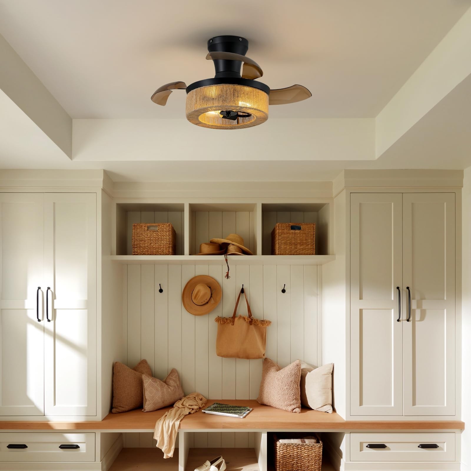 Spacora 28'' Retractable Ceiling Fan Lights, Flush Mount Small Caged Profile