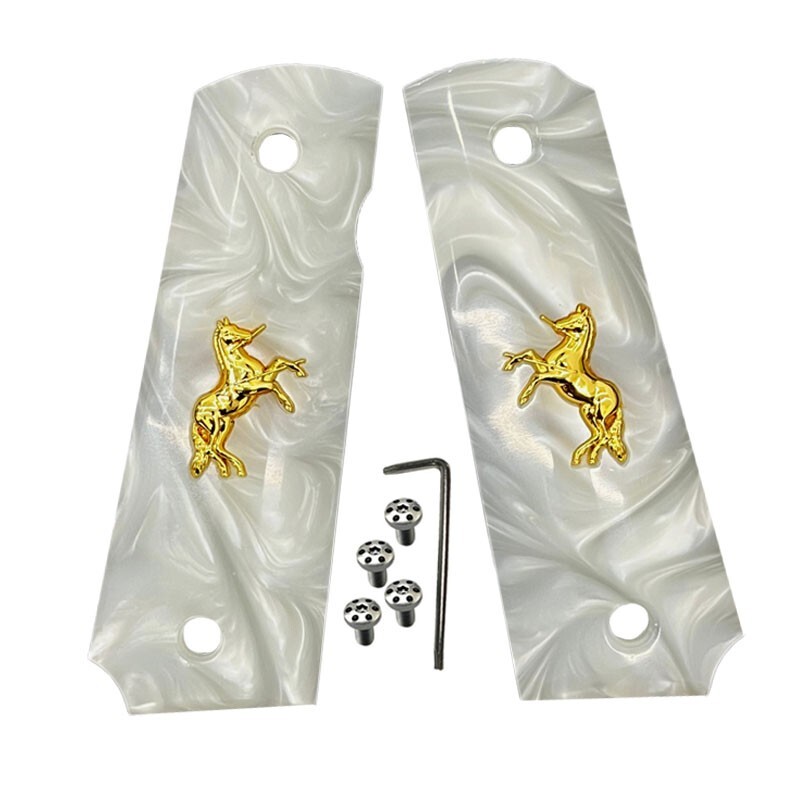 1911 Grips Full Size fit Colt Springfield Grips White Pearl W/Gold Horse & Screw