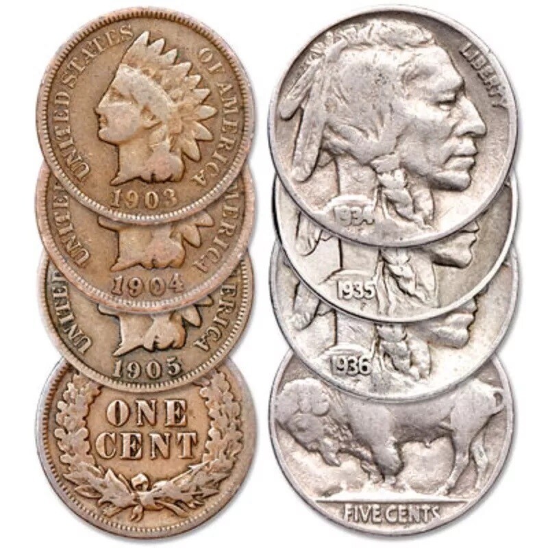Lot of 6 Coins 3 Indian Head Cents + 3 Buffalo Nickels Nice Collectors US Coins!