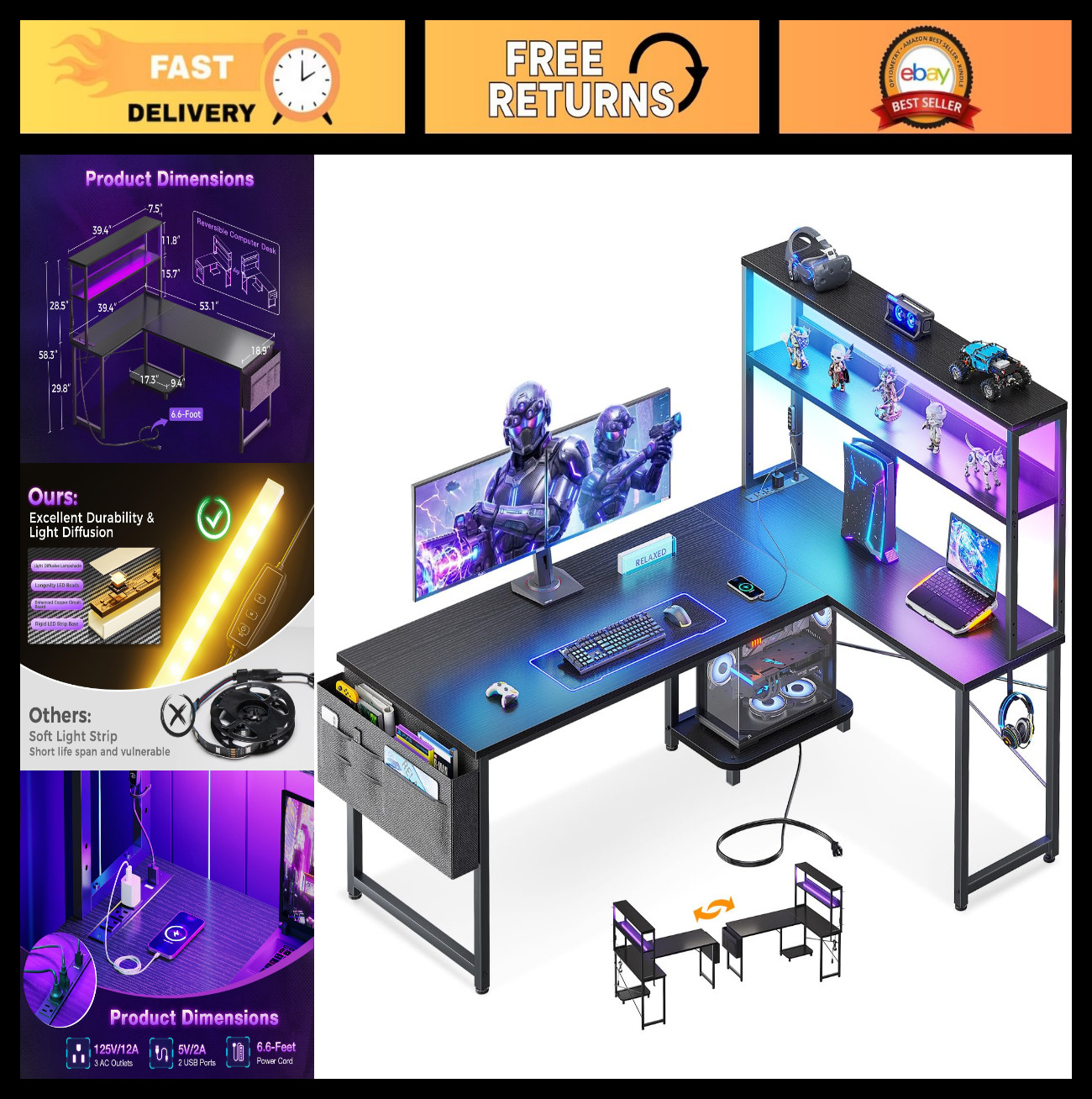 L-Shaped Gaming Desk 53" with LED Lights, Outlets, Shelves & Headset Hook - Reve