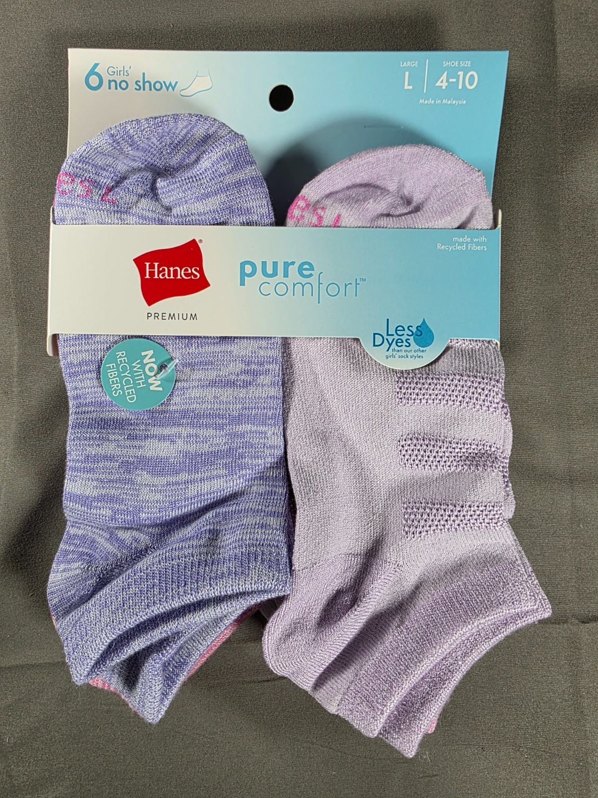 Hanes Premium Pure Comfort Girls' 6pk No Show Socks - L 4-10 6 PAIRS
