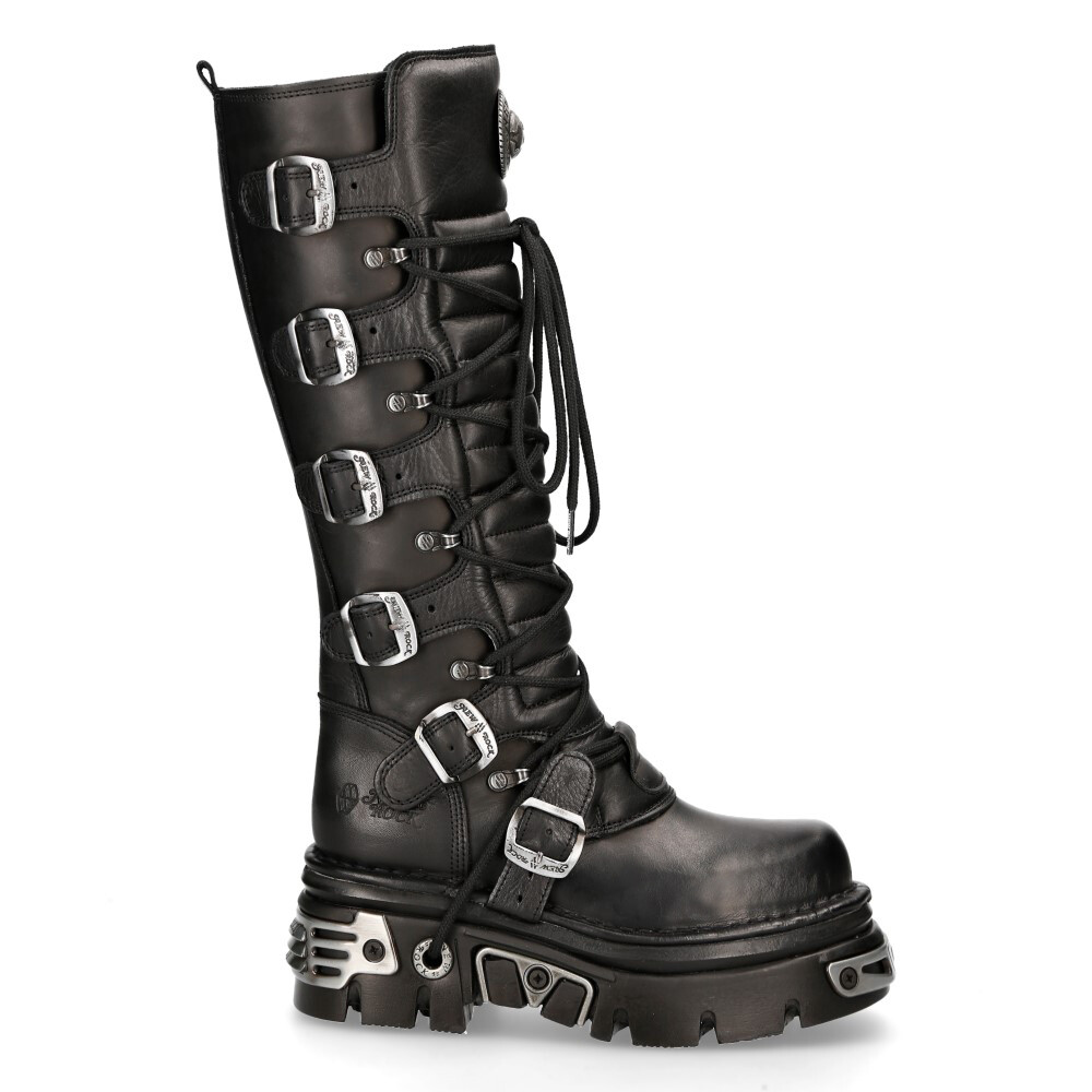 New Rock 272-S1 Metallic Black Goth Knee High Zip Boot Leather Buckle Boots