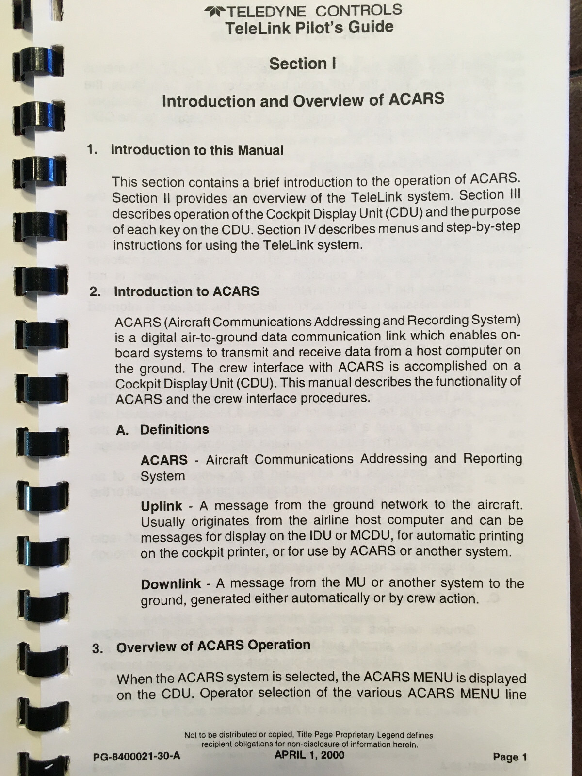Teledyne ACARS TeleLink System Pilot's Guide Manual