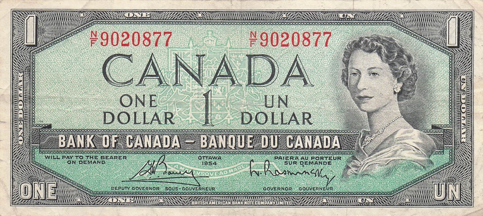 Canada  $1  Ottawa , 1954  Series  N/F  Que. II  Circulated Banknote HJA