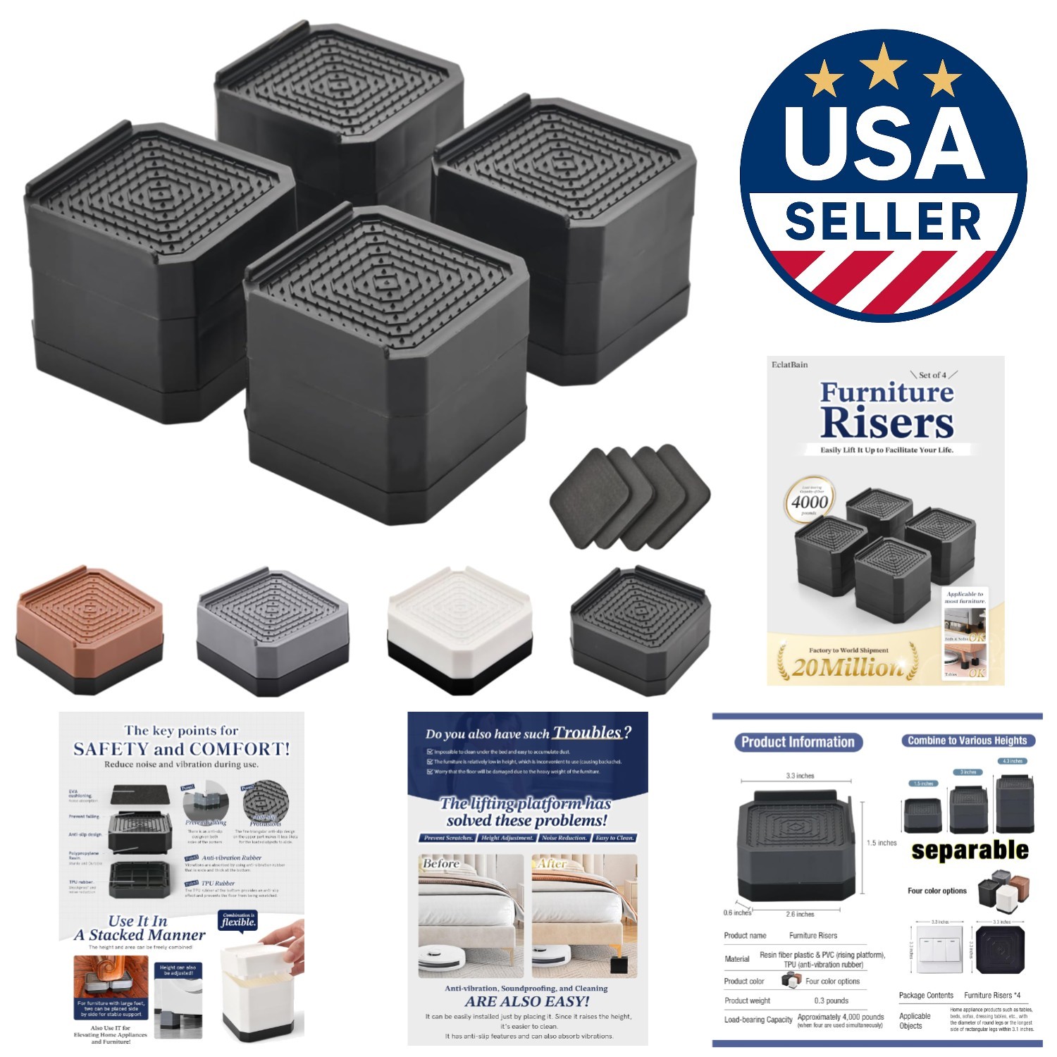Adjustable Furniture Elevators with Shock Absorption - 4 Pack Black Risers