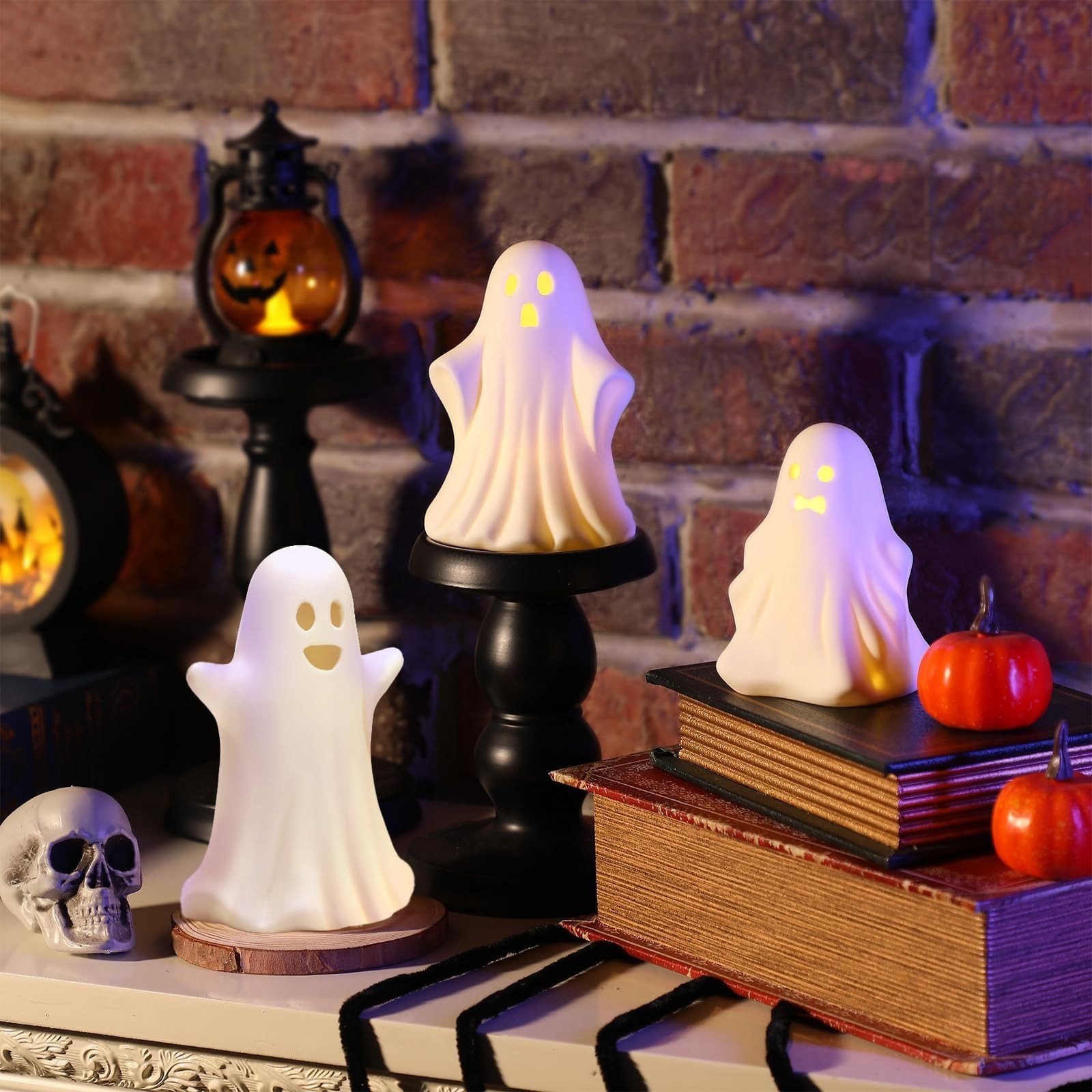 Halloween Ghost Decorations - 3 Pcs Gothic Ceramic Ghost Light Up Decor, Whit...