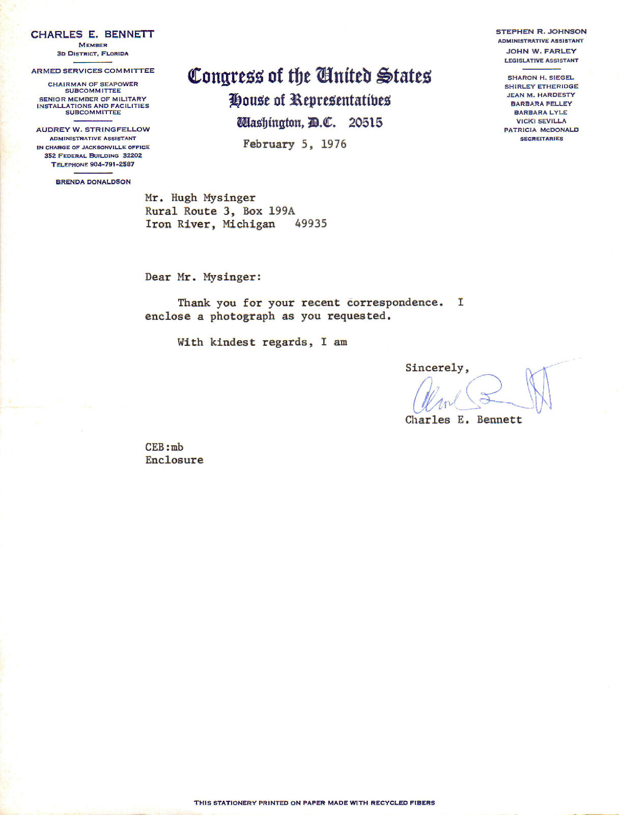 CHARLES E. BENNETT (+2003) - U.S. Representative (D-FLA)(49-93)-Autograph Letter