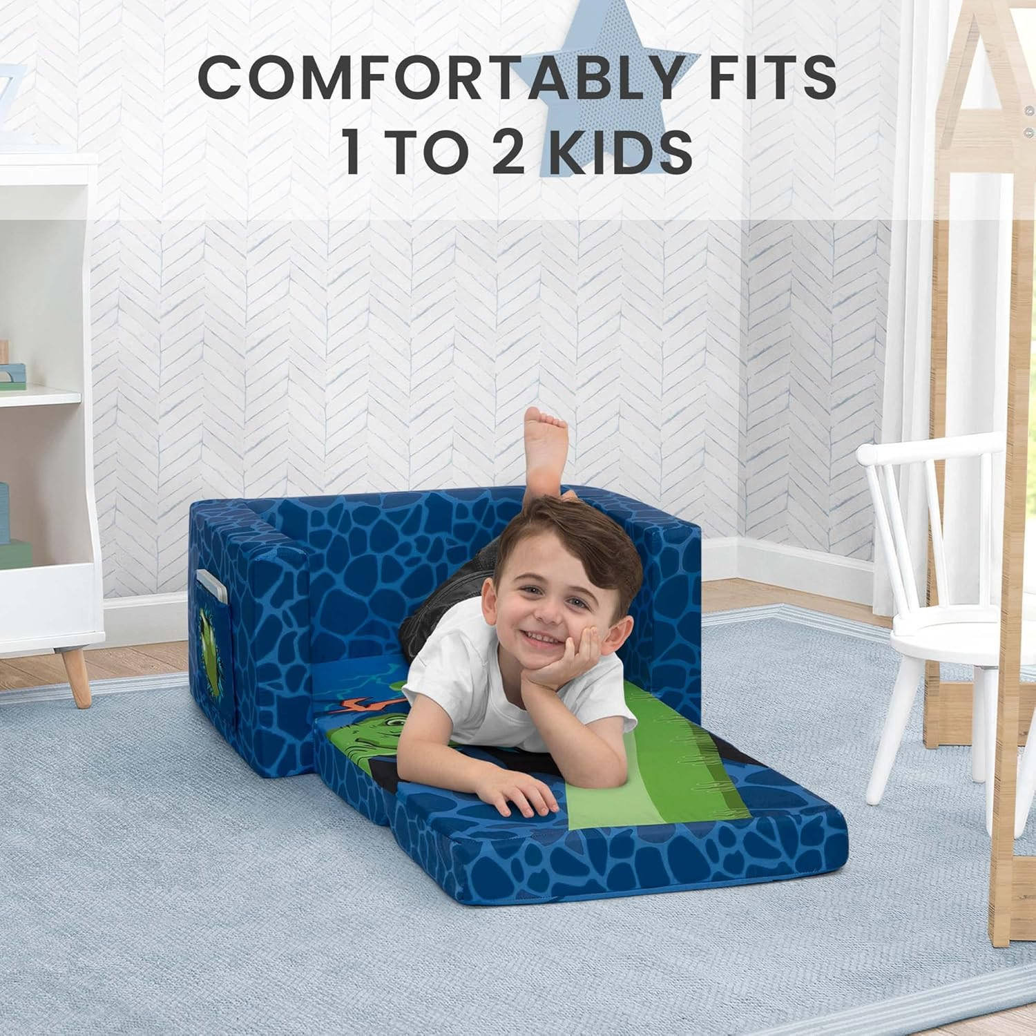 Dinosaur Blue Flip Out Chair To Lounger Couch Sofa For Kids Boys Toddlers 1-3