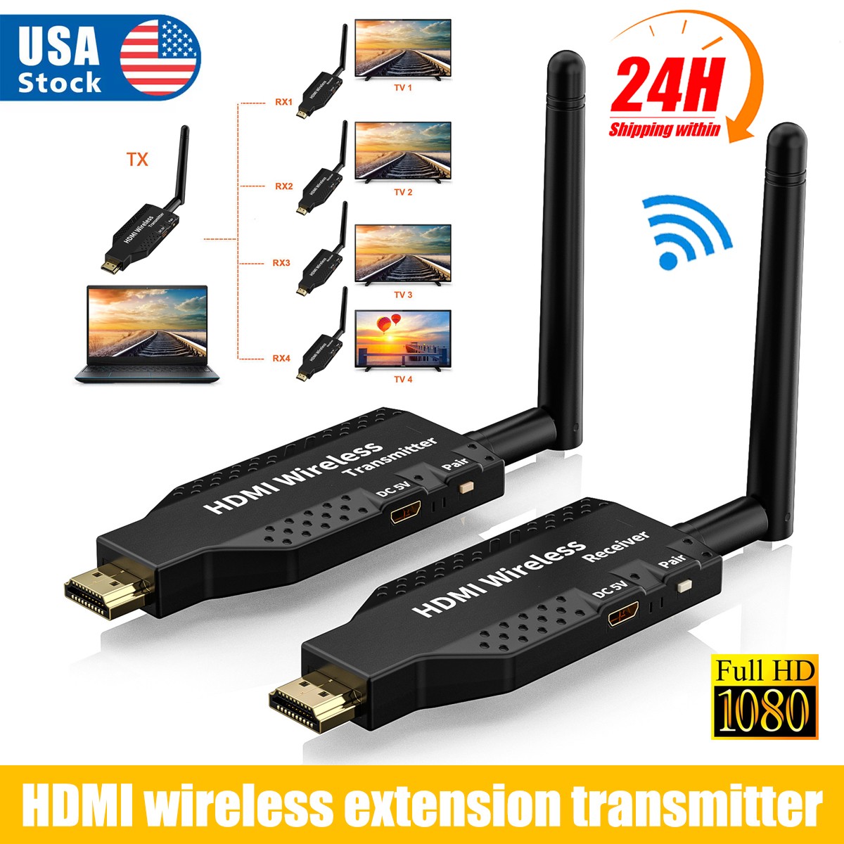 100M Wireless HDMI Transmitter Receiver Extender Video Audio Share PC TV Screen