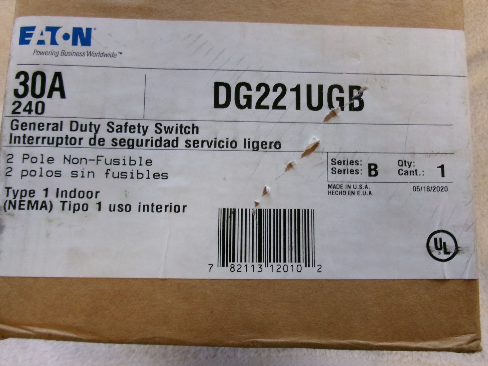 NIB EATON General Duty Safety Switch 30A 240VAC DG221UGB Ser B