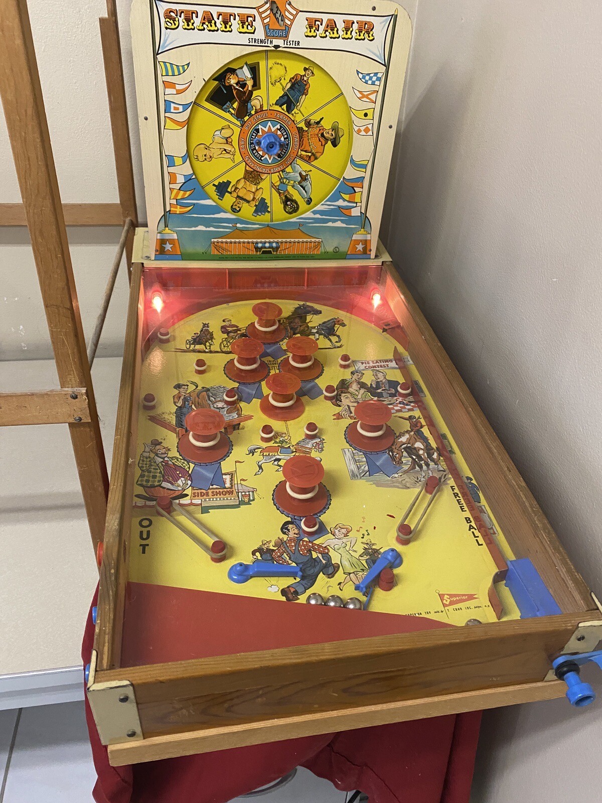 Vintage State Fair Strength Tester Child's Pinball Machine with Stand Model 7640