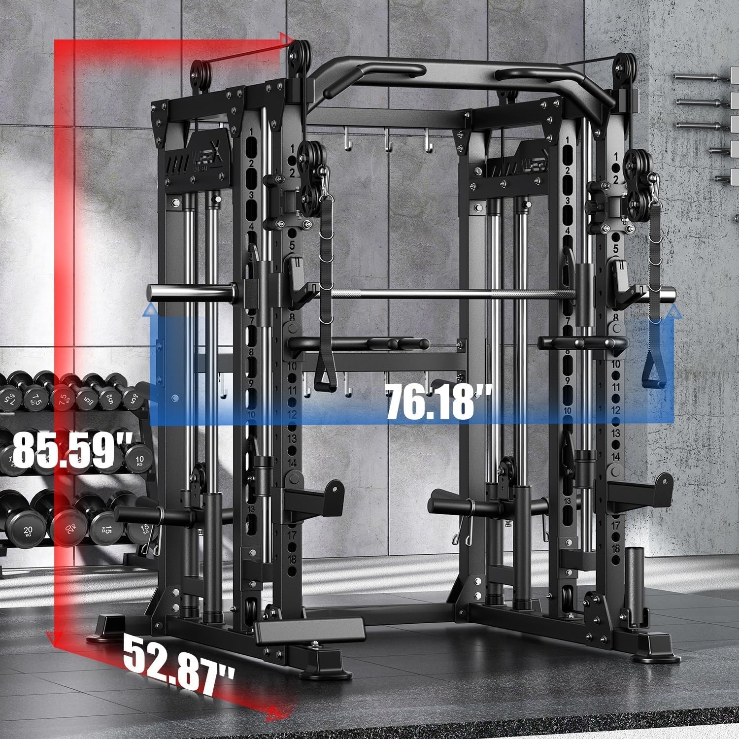 Smith Machine with Cable Crossover System, Multi-Function Power Cage Squat Rack