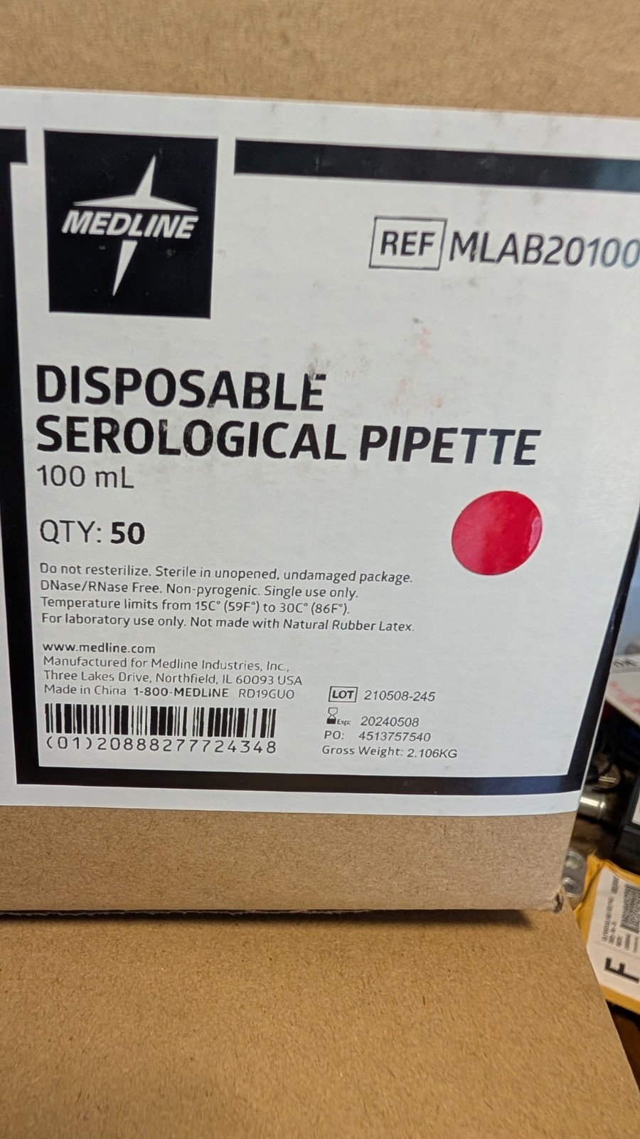 Expired Medline Serological Pipettes 100 ml Qty 50/box. Ref MLAB20100