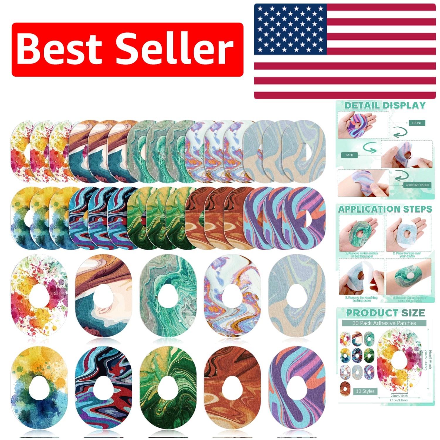 Waterproof Adhesive Patches for Dexcom G7 & G6 - 30 Pack with 10 Unique Styles