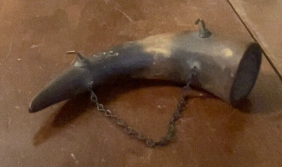 Antique Powder Horn. 6" Long WIth Chain. 2 Hooks. No Cap.