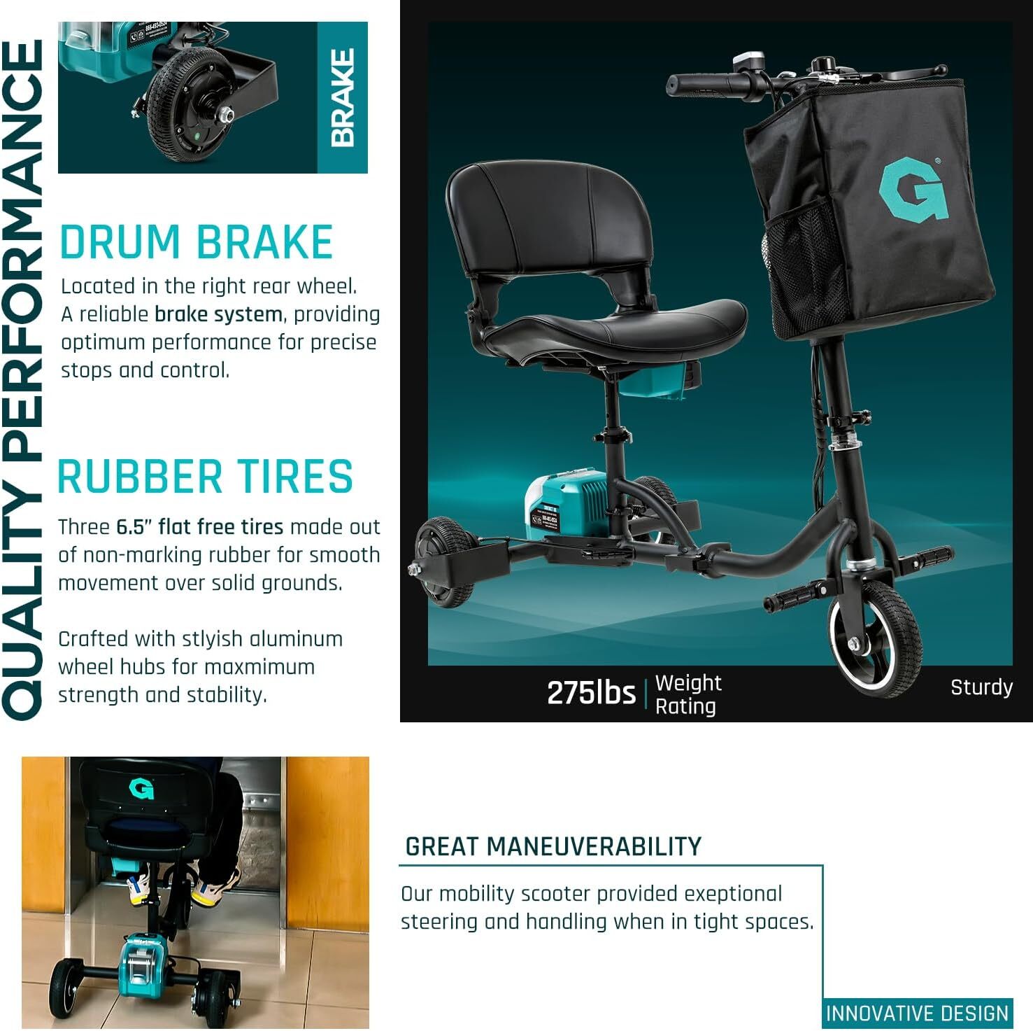 G GUT142 Lightweight 48V Long Range Folding Electric Mobility Scooter