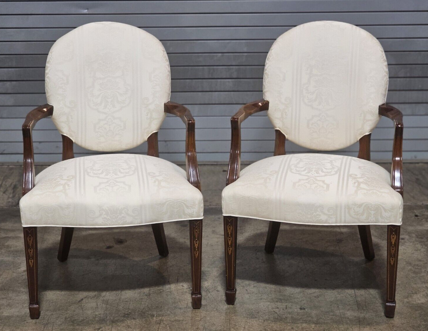 PAIR OF SOUTHWOOD MAHOGANY ARMCHAIRS Cream Damask Fabric Bellflower Inlays
