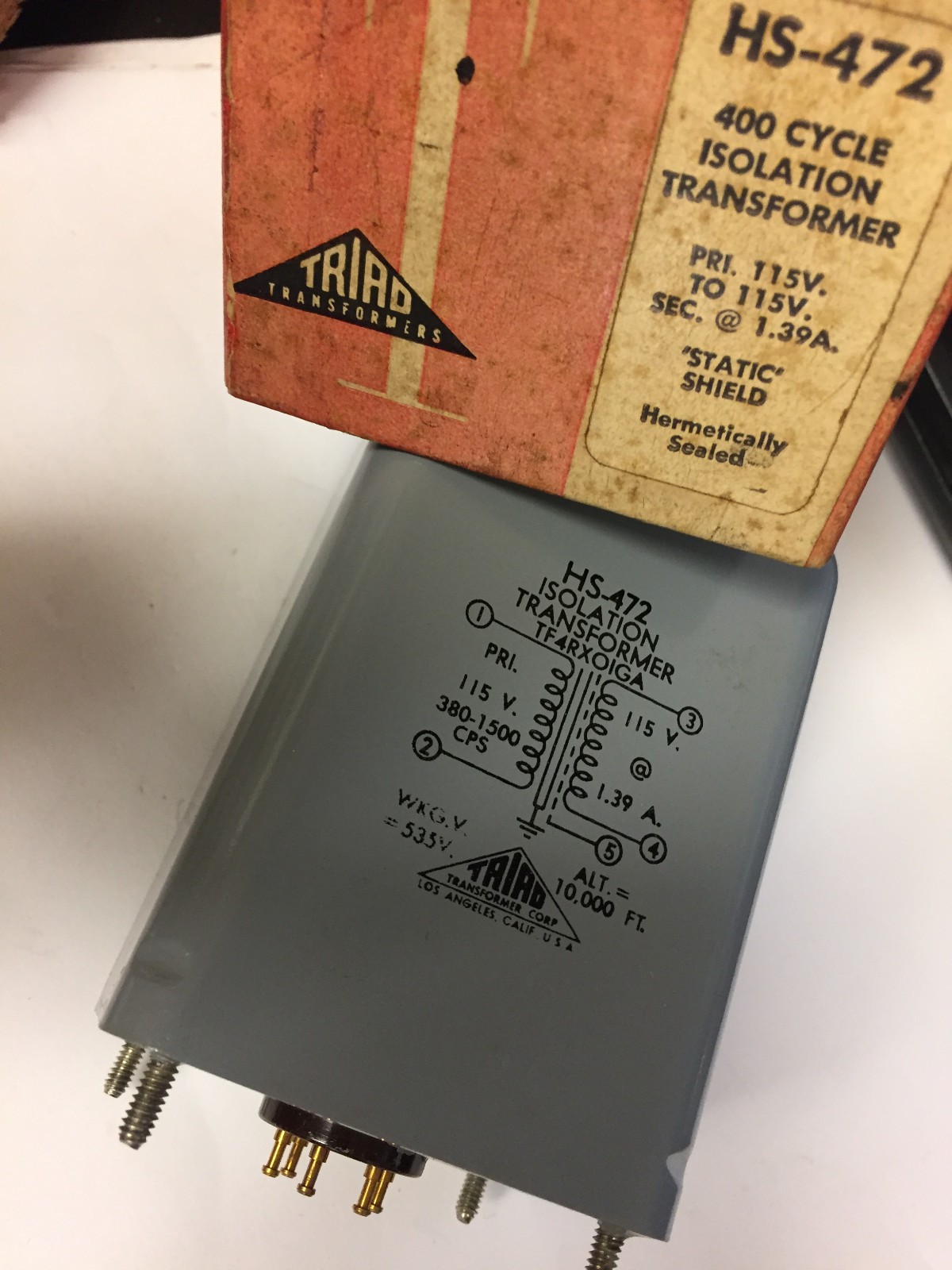 HS-472 400 CYCLE ISOLATION TRANSFORMER PRI 115V TO 115V SEC@1.39A HERMETIC NOS