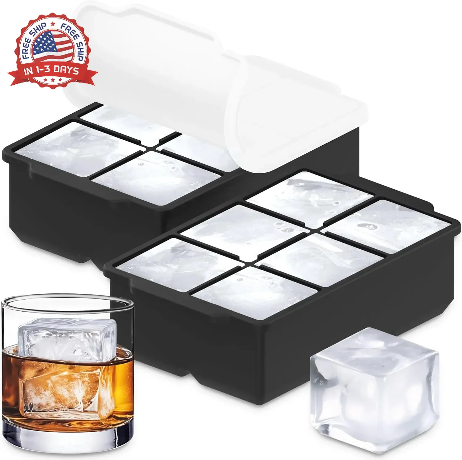 KitchFort Large Silicone Ice Cube Tray (2-Pack), Easy Release 2" Big Ice Cubes -