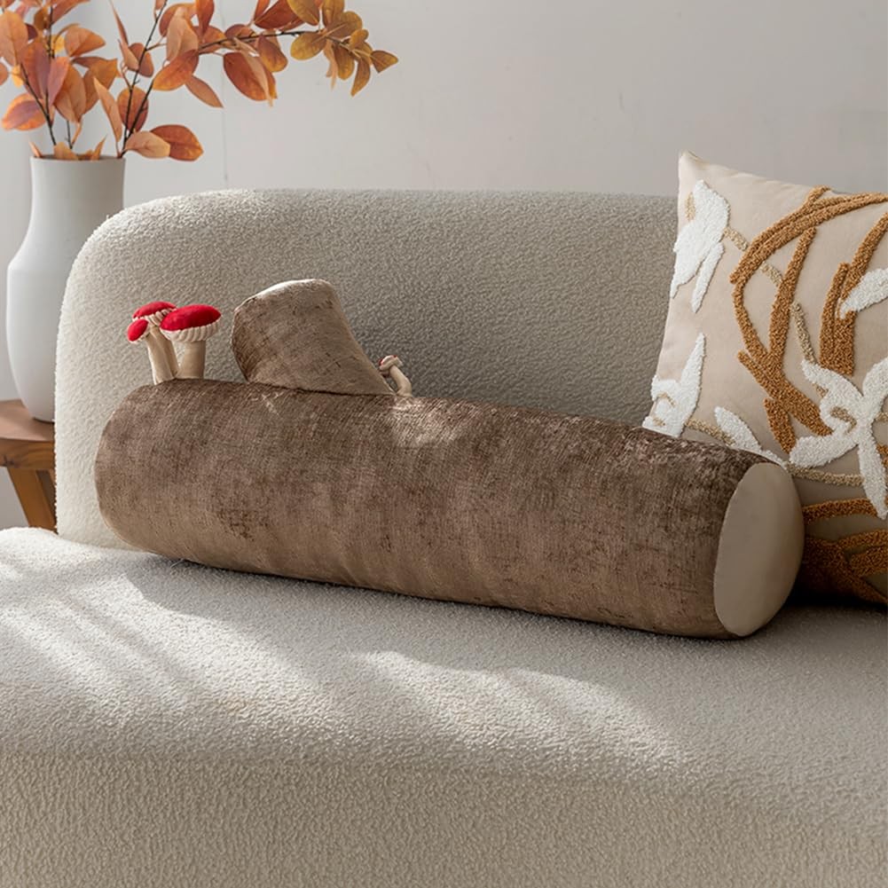 Mushroom Tree Log Pillow - Long Cylinder Decorative Throw Pillow for Couch, S...