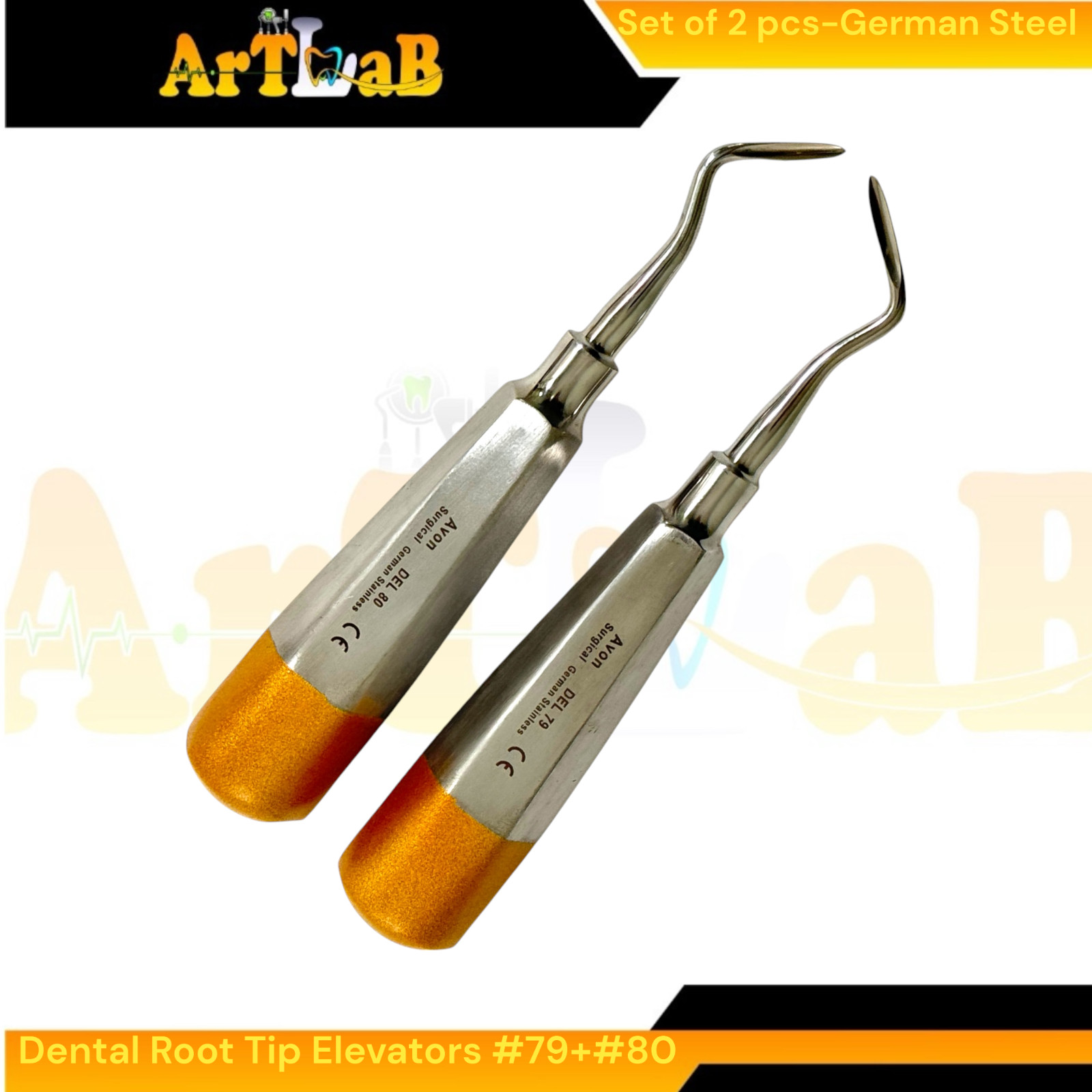 Luxating Root Elevator Set with Angled Sharp Tips, #79 & #80, Hollow, Gold (2pk)