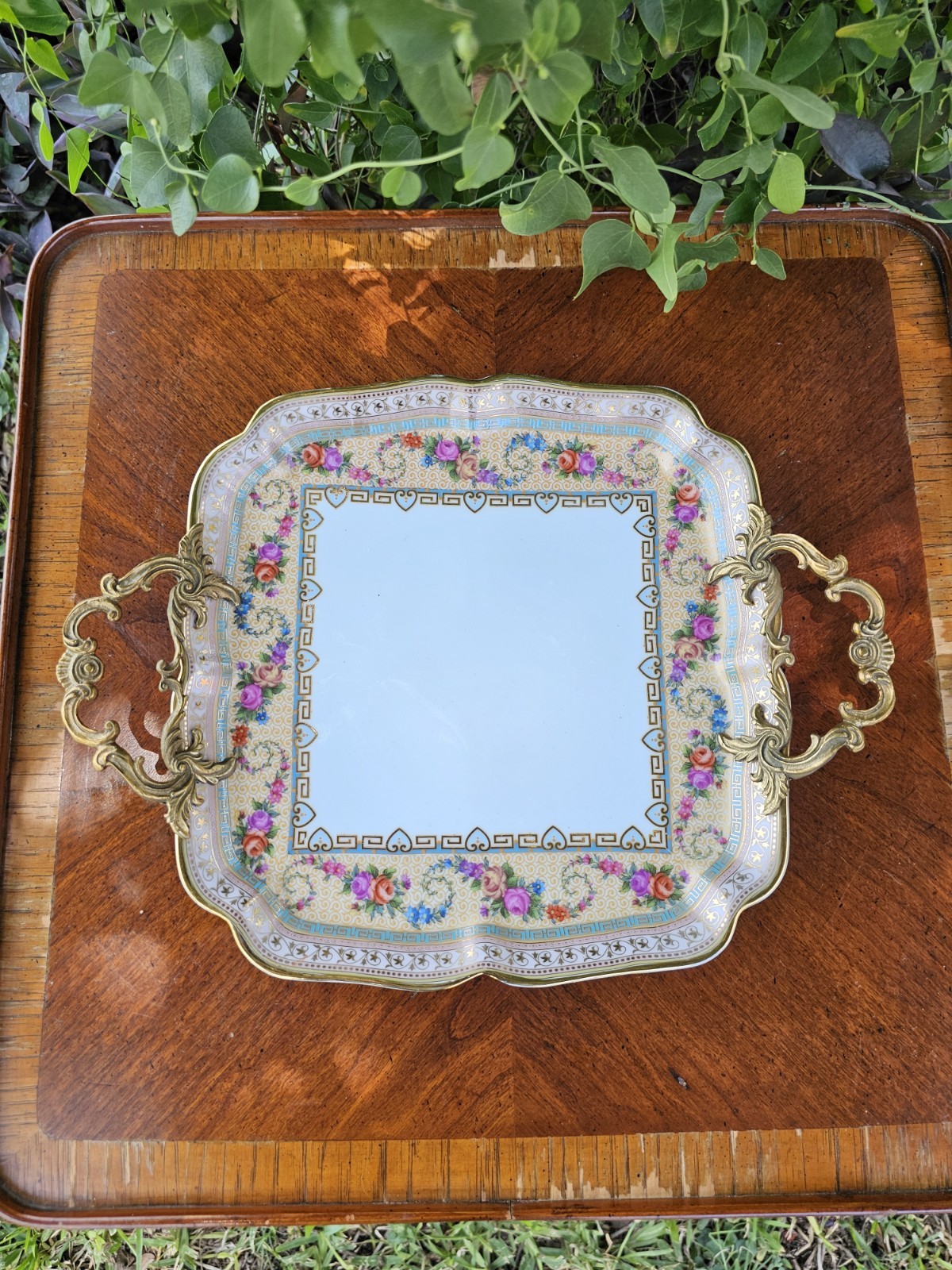 VTG Limoges Inspired Rose Motif Sevres Vanity Porcelain Tray with Brass Handles