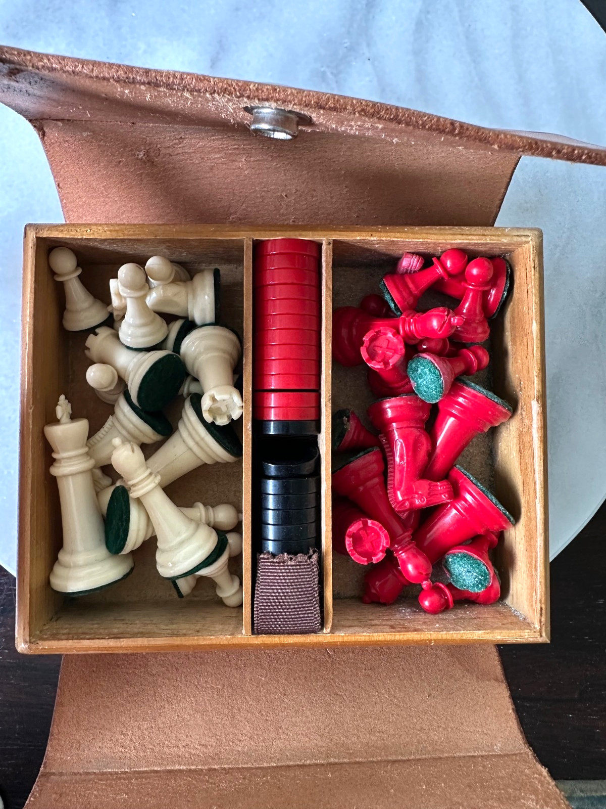USS Thomason Chess/Checkers Set Folding Board Game Leather Tooled DS30