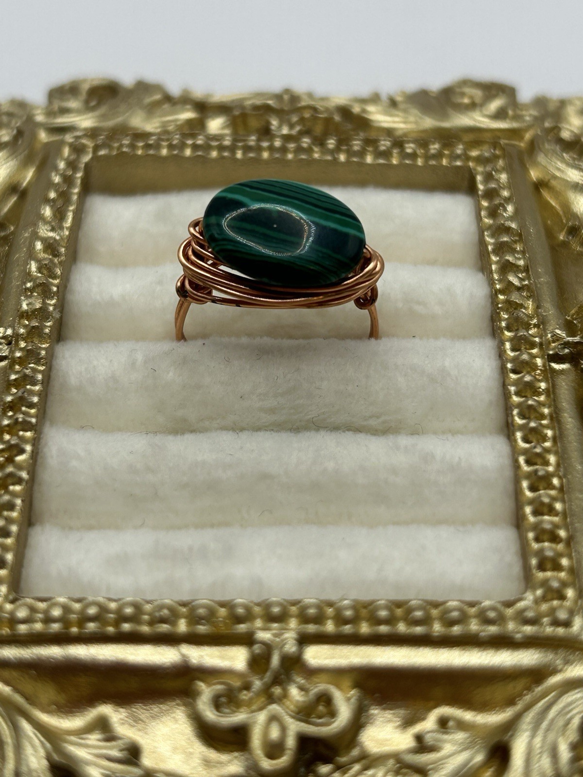 Malachite Wire Wrapped Ring Size 7.5 Green Stone Copper Handmade Boho