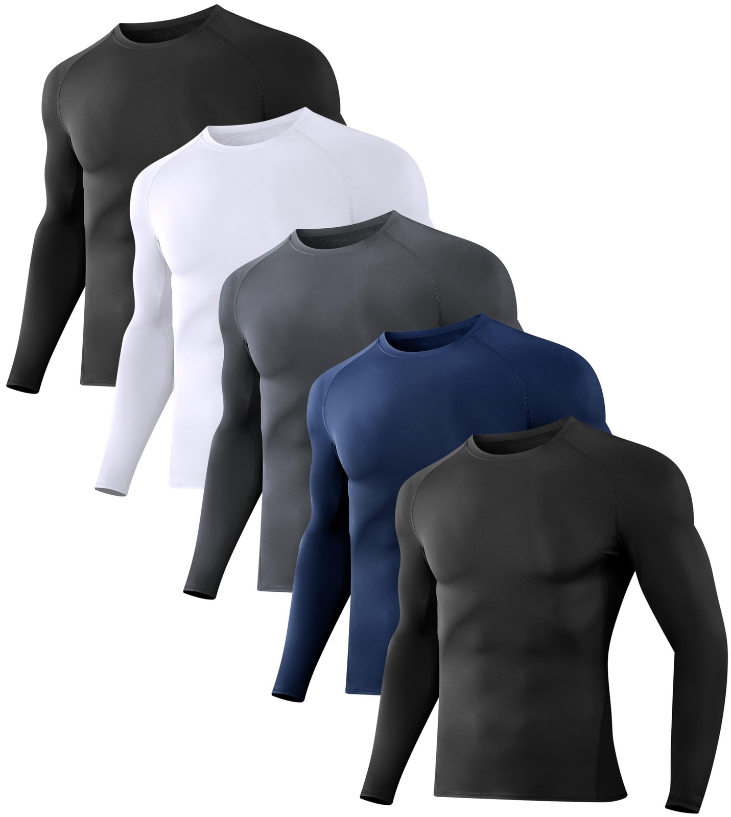 5 Pack Men's Compression Shirts Long Sleeve Athletic Workout Sports Undershir...