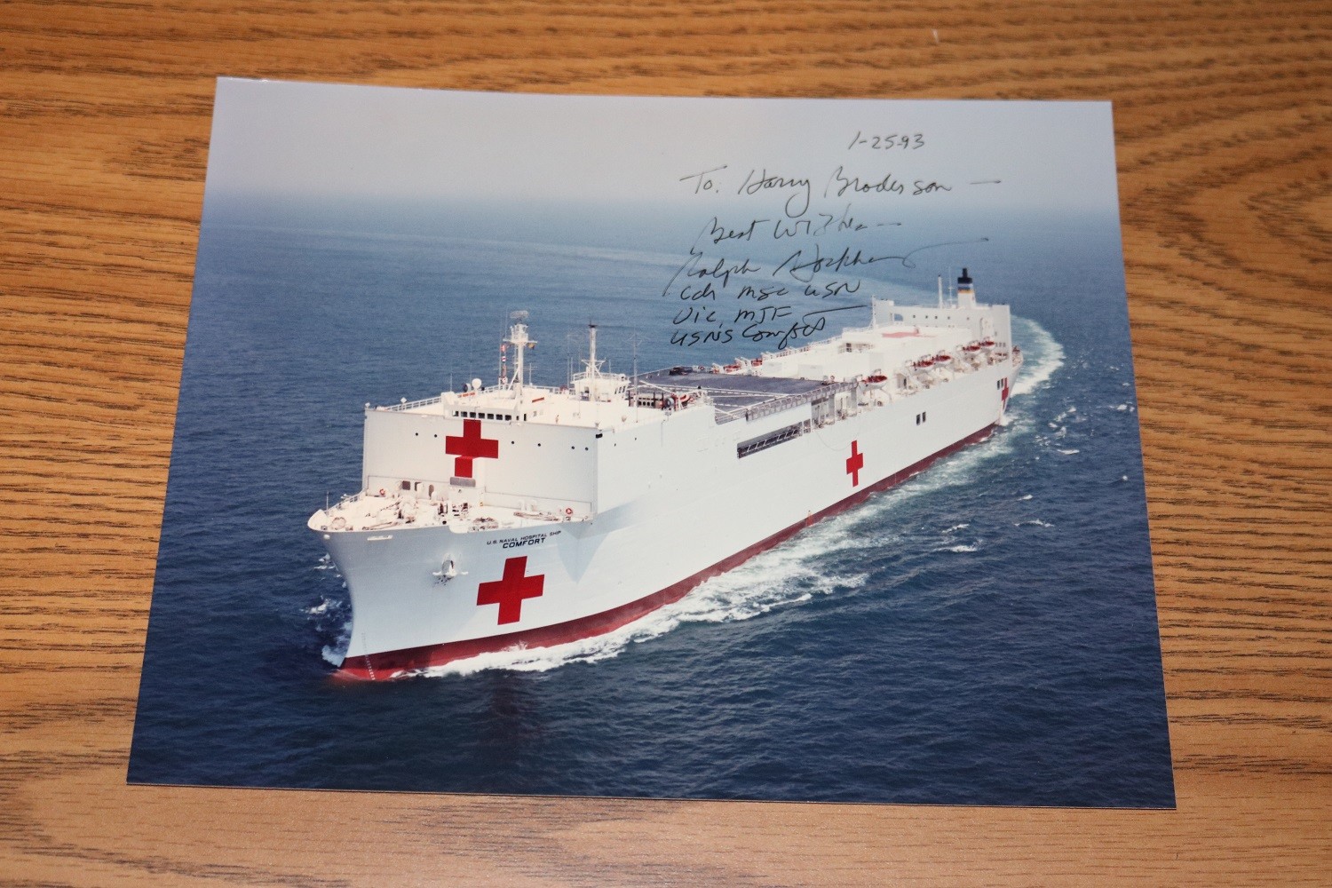 PHOTO Navy 8x10 Signed USN Captain - USNS Comfort T-AH-20 Hospital Ship 1993