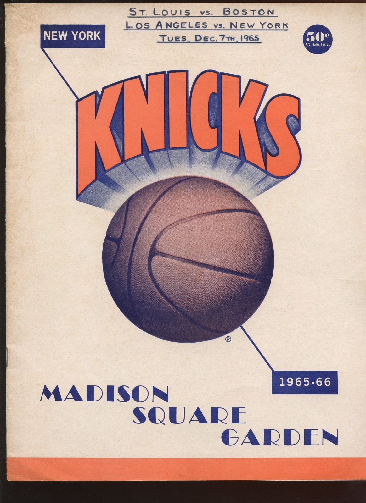 December 7 1965 NBA Basketball Program Los Angeles Lakers at New York Knicks
