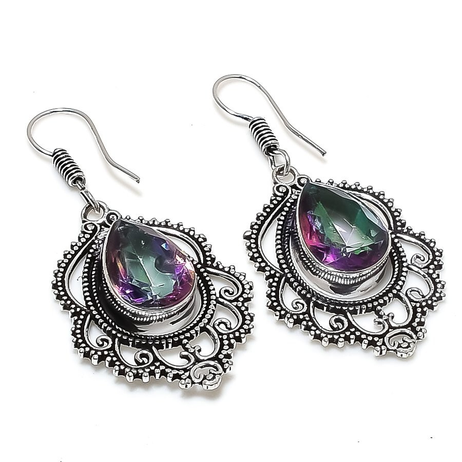 Mystic Topaz Gemstone Handmade 925 Sterling Silver Jewelry Earring Sz 1.5''