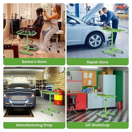 Rolling Tool Tray with Wheels, Adjustable Height Mobile Work No Drawer Green