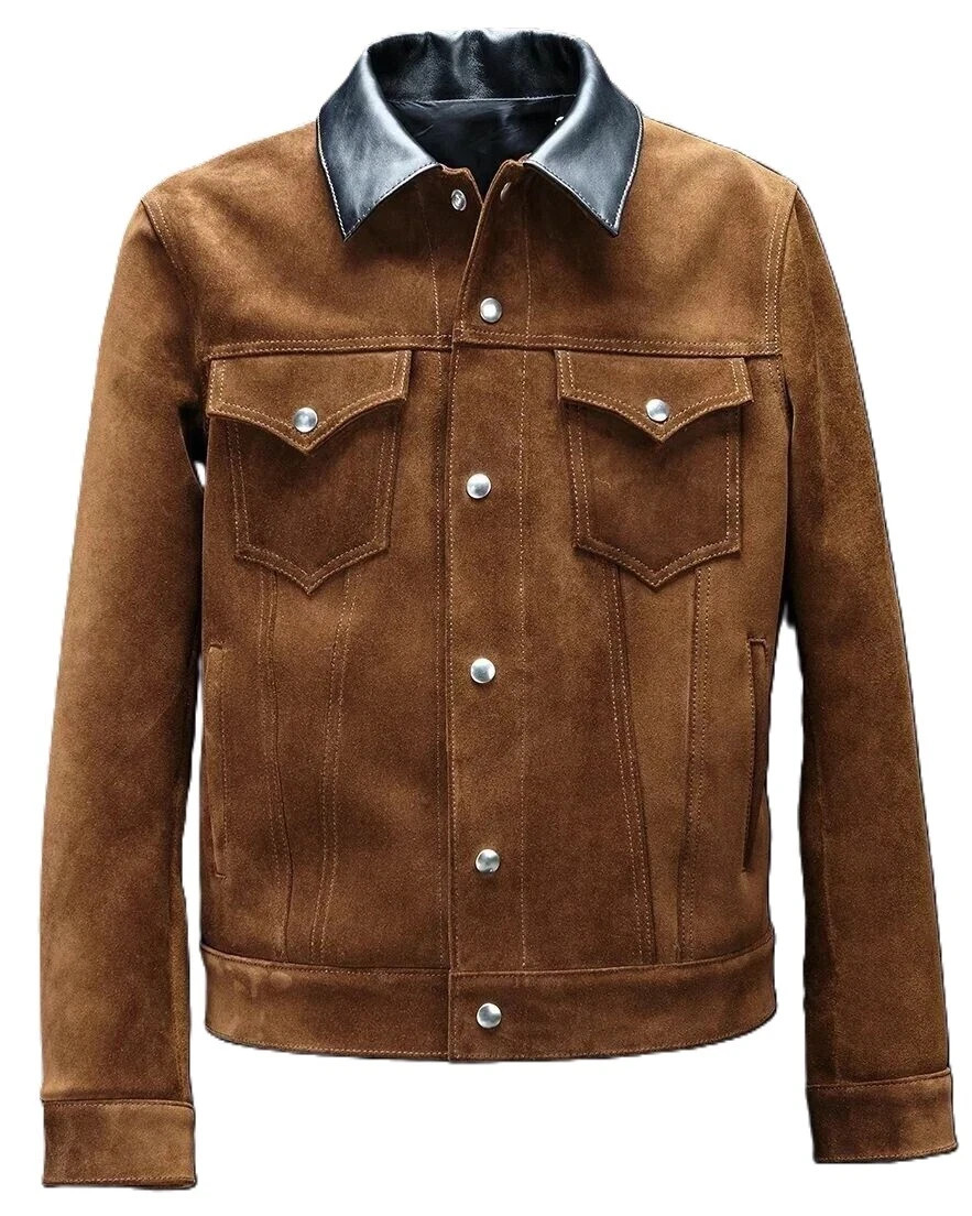Men's Genuine Suede Leather Brown Trucker Jacket Western Style Button Up Shirt