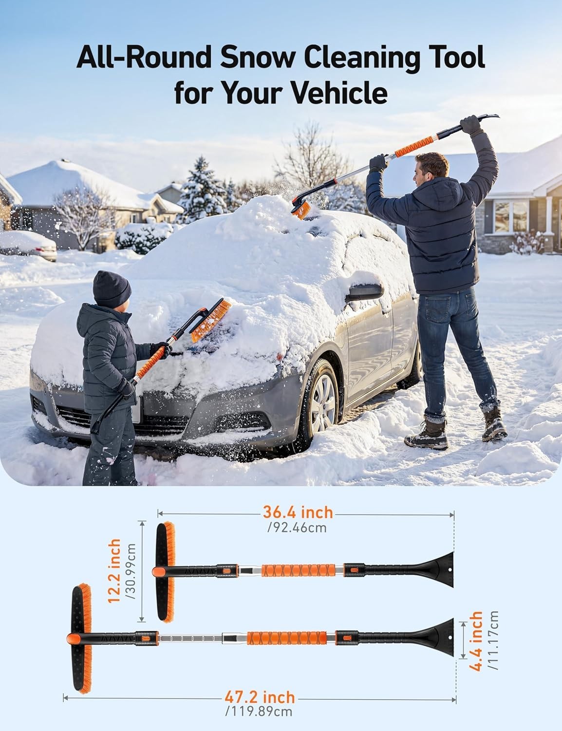 Thick-Bristled Snow Brush & Ice Scraper Combo - Ultimate Winter Tool (Orange)